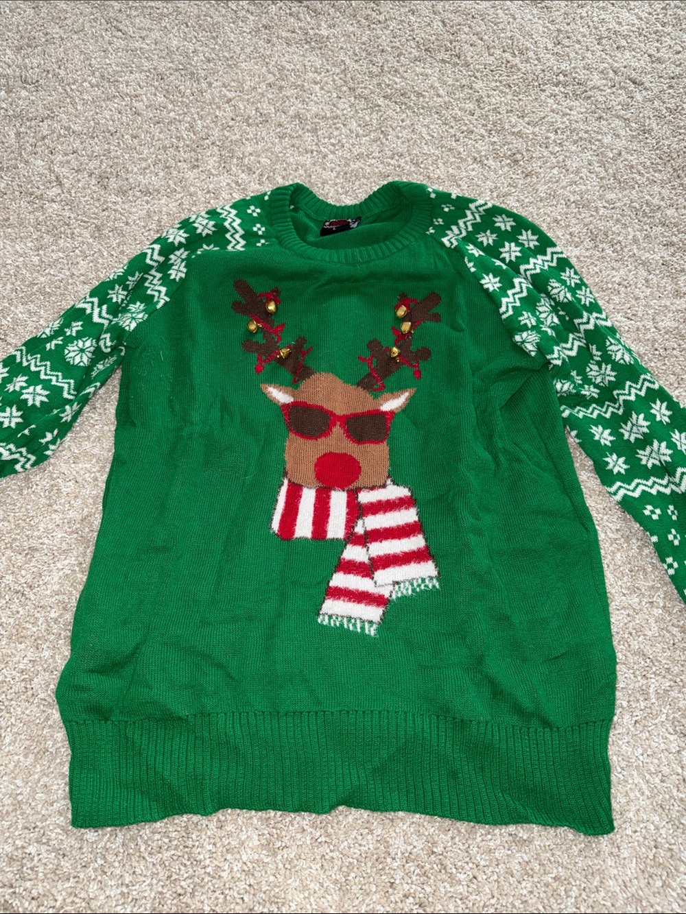Well Worn Green Reindeer Crewneck Sweater with Red & White Accents